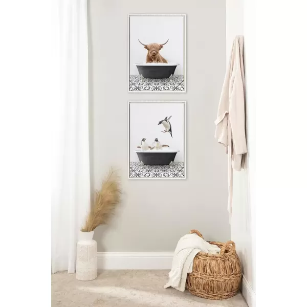 imageKate and Laurel Sylvie Beaded Penguins in Black and White Stencil Bath Framed Canvas Wall Art by Amy Peterson Art Studio 18x24 White Modern Cute Animal Bathtub Art for Wall