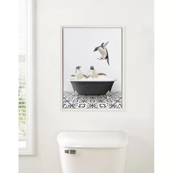 imageKate and Laurel Sylvie Beaded Penguins in Black and White Stencil Bath Framed Canvas Wall Art by Amy Peterson Art Studio 18x24 White Modern Cute Animal Bathtub Art for Wall