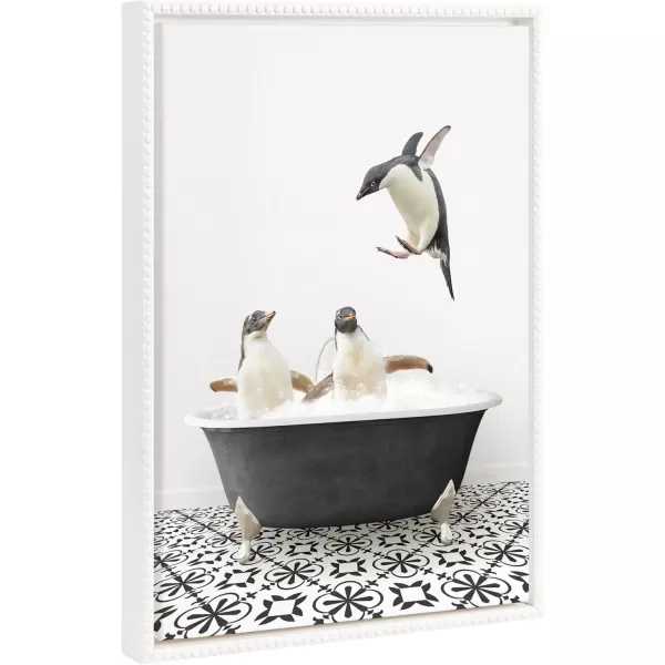 imageKate and Laurel Sylvie Beaded Penguins in Black and White Stencil Bath Framed Canvas Wall Art by Amy Peterson Art Studio 18x24 White Modern Cute Animal Bathtub Art for Wall