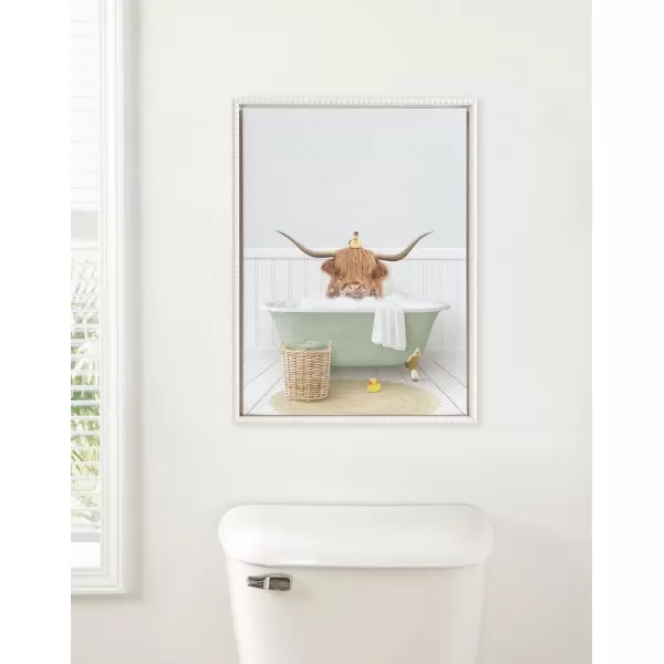 imageKate and Laurel Sylvie Beaded Randall in Cottage Bath Vintage Framed Canvas Wall Art by Amy Peterson 18x24 White Modern Cute Animal Bathtub Art for Wall