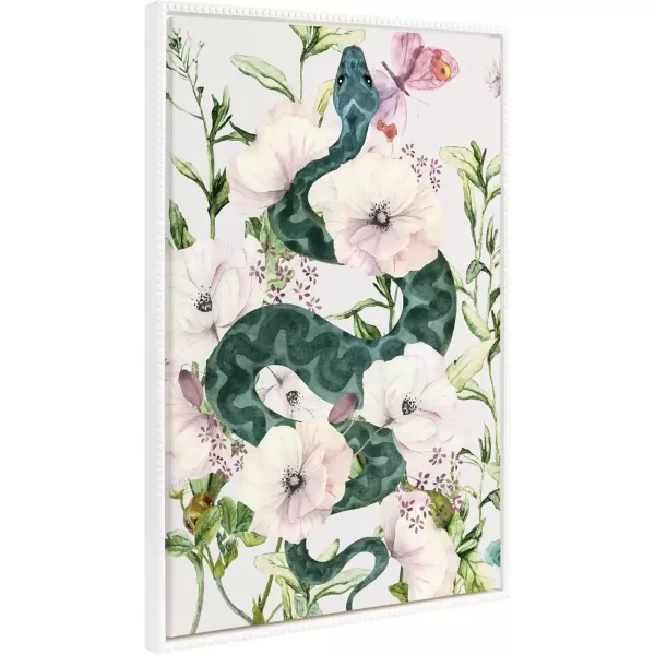 imageKate and Laurel Sylvie Beaded Snake Floral Vintage Framed Canvas Wall Art by Nikki Chu 23x33 White Decorative Floral Snake Art for Wall