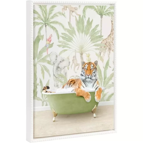 imageKate and Laurel Sylvie Beaded Tiger in Safari Bath Vintage Framed Canvas Wall Art by Amy Peterson 18x24 White Modern Cute Animal Bathtub Art for Wall