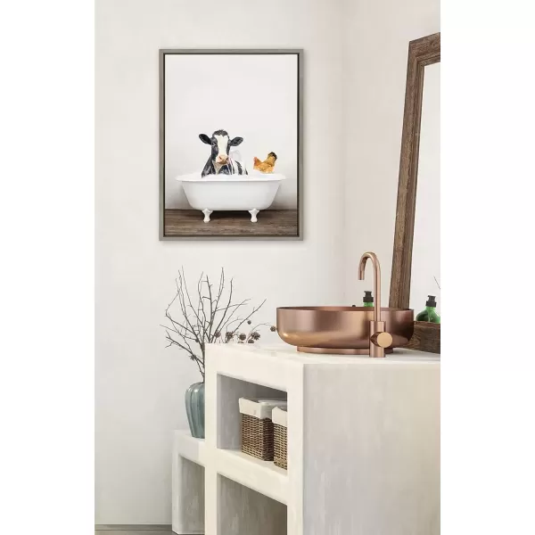 imageKate and Laurel Sylvie Cow and Chicken in Rustic Bath Framed Canvas Wall Art by Amy Peterson Art Studio 18x24 Gray Modern Fun Decorative Bathtub Wall Art for Home DcorGray