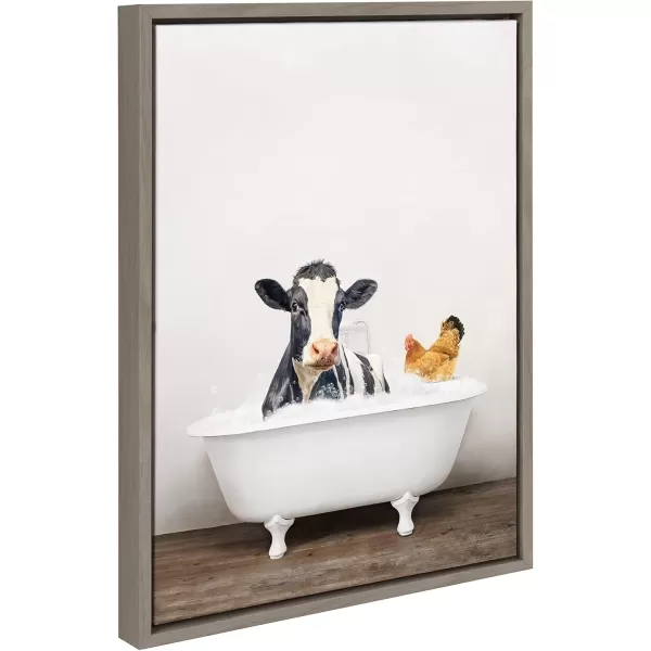 imageKate and Laurel Sylvie Cow and Chicken in Rustic Bath Framed Canvas Wall Art by Amy Peterson Art Studio 18x24 Gray Modern Fun Decorative Bathtub Wall Art for Home DcorGray