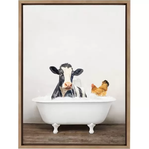 imageKate and Laurel Sylvie Cow and Chicken in Rustic Bath Framed Canvas Wall Art by Amy Peterson Art Studio 18x24 Gray Modern Fun Decorative Bathtub Wall Art for Home DcorGold