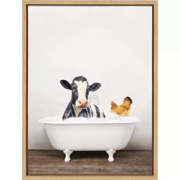 imageKate and Laurel Sylvie Cow and Chicken in Rustic Bath Framed Canvas Wall Art by Amy Peterson Art Studio 18x24 Gray Modern Fun Decorative Bathtub Wall Art for Home DcorNatural