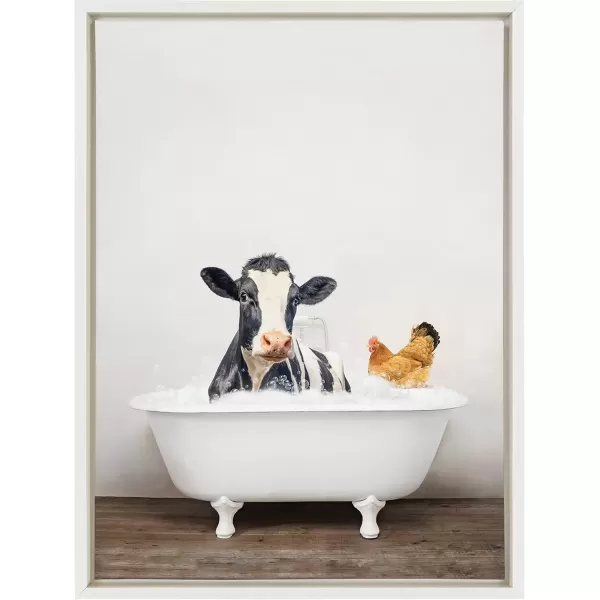 imageKate and Laurel Sylvie Cow and Chicken in Rustic Bath Framed Canvas Wall Art by Amy Peterson Art Studio 18x24 Gray Modern Fun Decorative Bathtub Wall Art for Home DcorWhite
