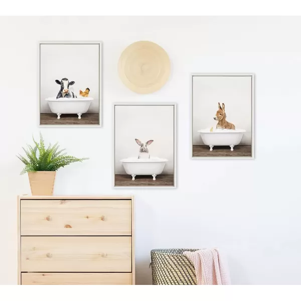 imageKate and Laurel Sylvie Cow and Chicken in Rustic Bath Framed Canvas Wall Art by Amy Peterson Art Studio 18x24 Gray Modern Fun Decorative Bathtub Wall Art for Home DcorWhite