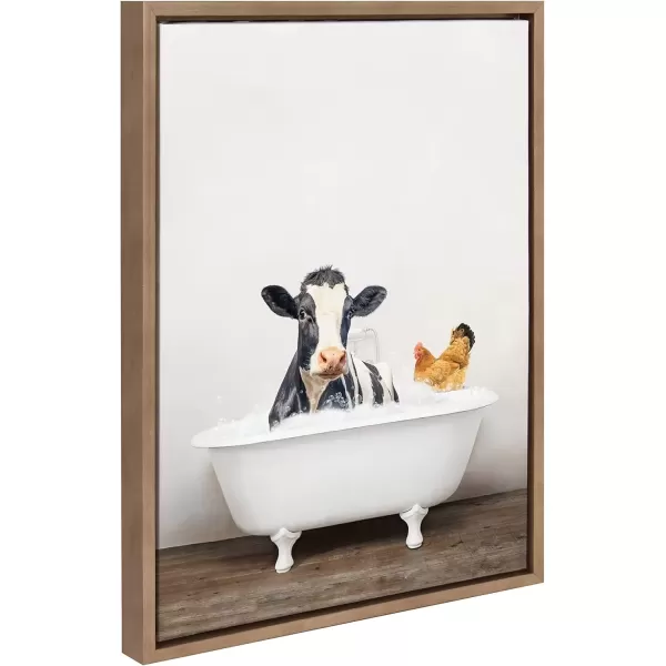 imageKate and Laurel Sylvie Cow and Chicken in Rustic Bath Framed Canvas Wall Art by Amy Peterson Art Studio 18x24 Gray Modern Fun Decorative Bathtub Wall Art for Home DcorGold