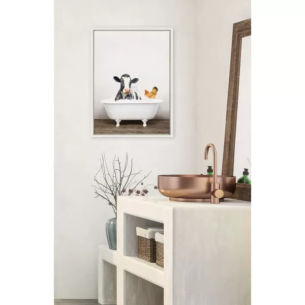 imageKate and Laurel Sylvie Cow and Chicken in Rustic Bath Framed Canvas Wall Art by Amy Peterson Art Studio 18x24 Gray Modern Fun Decorative Bathtub Wall Art for Home DcorWhite
