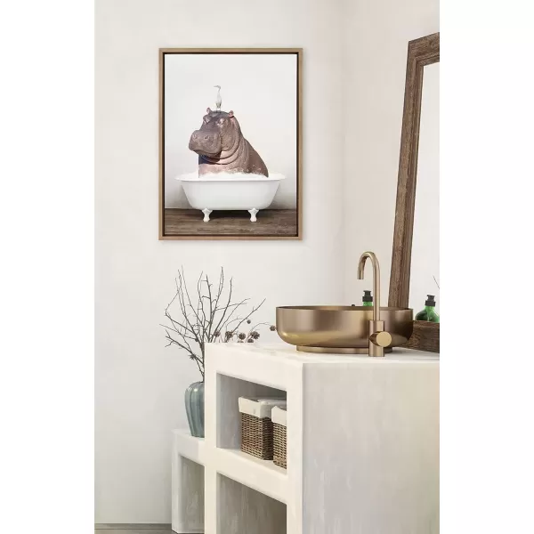 imageKate and Laurel Sylvie Hippo and Bird in Rustic Bath Framed Canvas Wall Art by Amy Peterson Art Studio 18x24 Gray Modern Fun Decorative Bathtub Wall Art for Home DcorGold