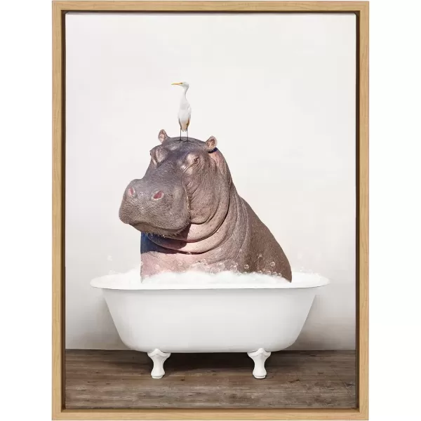 imageKate and Laurel Sylvie Hippo and Bird in Rustic Bath Framed Canvas Wall Art by Amy Peterson Art Studio 18x24 Gray Modern Fun Decorative Bathtub Wall Art for Home DcorNatural