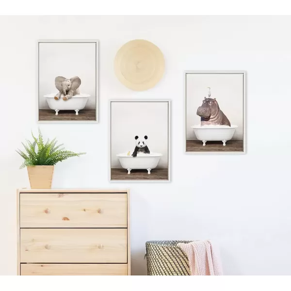 imageKate and Laurel Sylvie Hippo and Bird in Rustic Bath Framed Canvas Wall Art by Amy Peterson Art Studio 18x24 Gray Modern Fun Decorative Bathtub Wall Art for Home DcorWhite