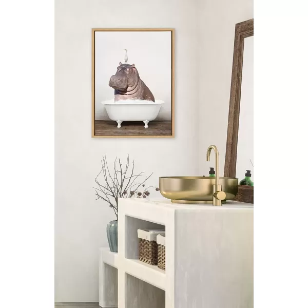 imageKate and Laurel Sylvie Hippo and Bird in Rustic Bath Framed Canvas Wall Art by Amy Peterson Art Studio 18x24 Gray Modern Fun Decorative Bathtub Wall Art for Home DcorNatural