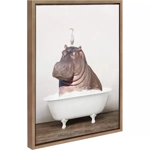 imageKate and Laurel Sylvie Hippo and Bird in Rustic Bath Framed Canvas Wall Art by Amy Peterson Art Studio 18x24 Gray Modern Fun Decorative Bathtub Wall Art for Home DcorGold