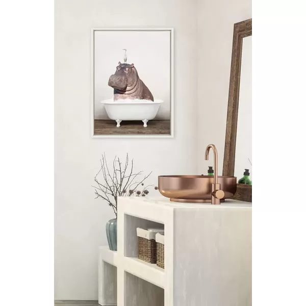 imageKate and Laurel Sylvie Hippo and Bird in Rustic Bath Framed Canvas Wall Art by Amy Peterson Art Studio 18x24 Gray Modern Fun Decorative Bathtub Wall Art for Home DcorWhite