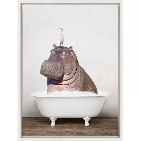 imageKate and Laurel Sylvie Hippo and Bird in Rustic Bath Framed Canvas Wall Art by Amy Peterson Art Studio 18x24 Gray Modern Fun Decorative Bathtub Wall Art for Home DcorWhite