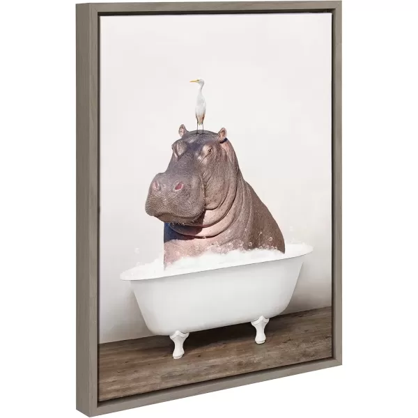 imageKate and Laurel Sylvie Hippo and Bird in Rustic Bath Framed Canvas Wall Art by Amy Peterson Art Studio 18x24 Gray Modern Fun Decorative Bathtub Wall Art for Home DcorGray