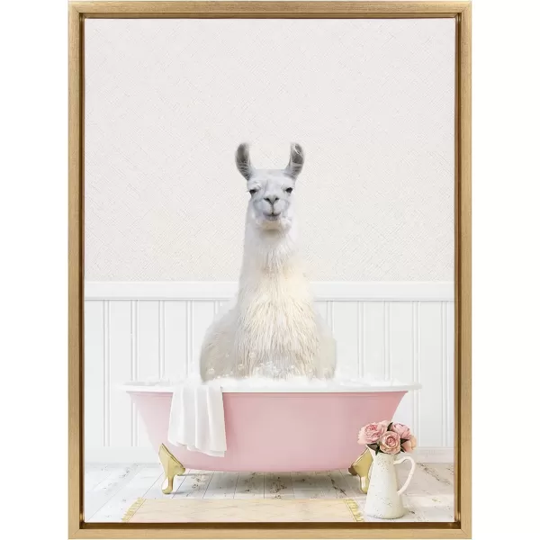 imageKate and Laurel Sylvie Llama in Cottage Rose Bath Framed Canvas Wall Art by Amy Peterson Art Studio 18x24 Gold Modern Fun Decorative Bathtub Wall Art for Home DcorGold