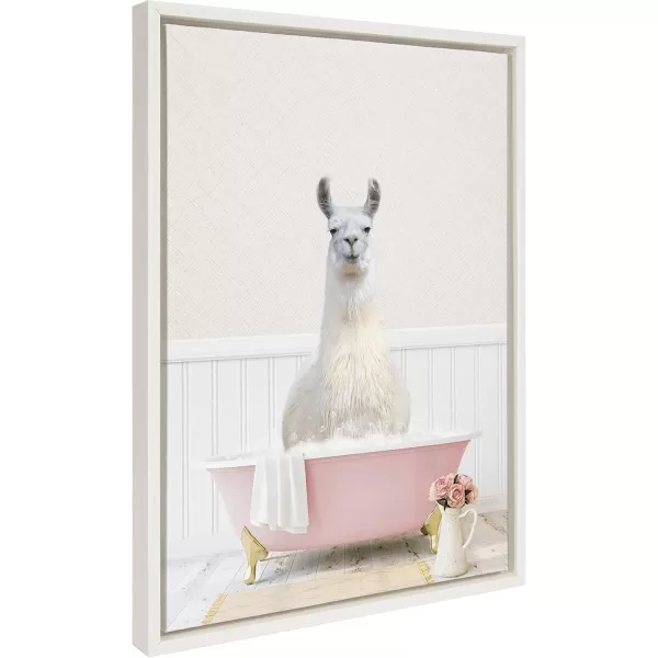 imageKate and Laurel Sylvie Llama in Cottage Rose Bath Framed Canvas Wall Art by Amy Peterson Art Studio 18x24 Gold Modern Fun Decorative Bathtub Wall Art for Home DcorWhite