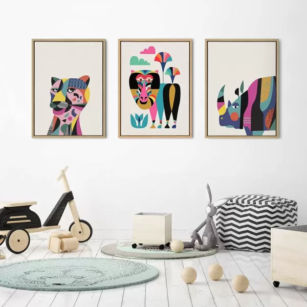 imageKate and Laurel Sylvie Mid Century Modern Rhino Framed Canvas Wall Art by Rachel Lee 18x24 Natural Exotic Safari Animal Art