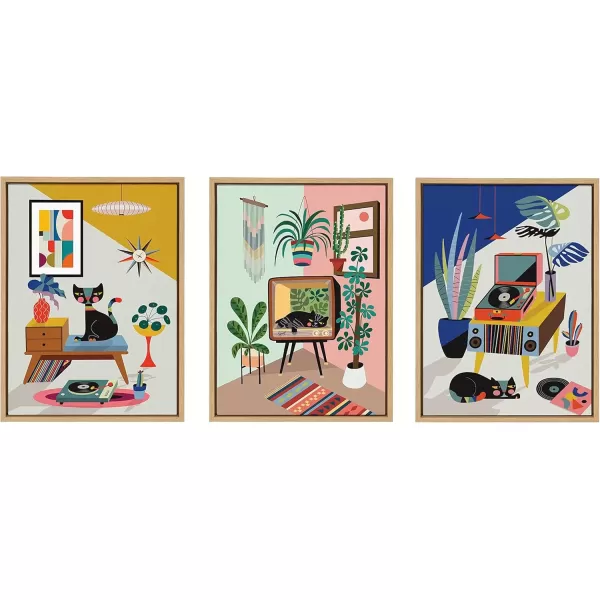 imageKate and Laurel Sylvie Record Player TV Cat Bed and Chill Out Saturday Framed Canvas Wall Art Set by Rachel Lee of My Dream Wall 3 Piece Set Natural MidCentury Modern Colorful Art for Wall