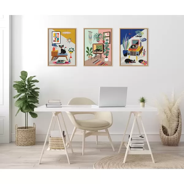 imageKate and Laurel Sylvie Record Player TV Cat Bed and Chill Out Saturday Framed Canvas Wall Art Set by Rachel Lee of My Dream Wall 3 Piece Set Natural MidCentury Modern Colorful Art for Wall