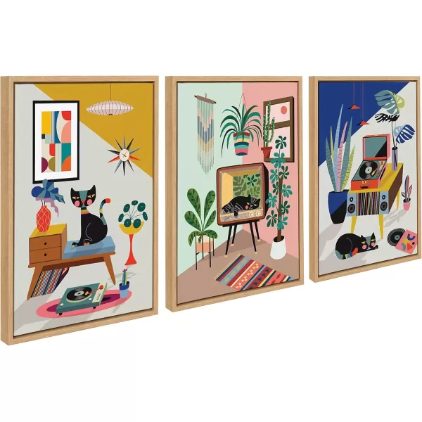 imageKate and Laurel Sylvie Record Player TV Cat Bed and Chill Out Saturday Framed Canvas Wall Art Set by Rachel Lee of My Dream Wall 3 Piece Set Natural MidCentury Modern Colorful Art for Wall