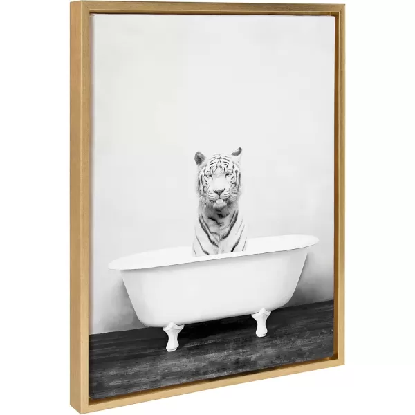 imageKate and Laurel Sylvie White Tiger in Bathtub Framed Canvas Wall Art by Amy Peterson Art Studio 18 x 24 Gold Chic Animal Art for WallGold