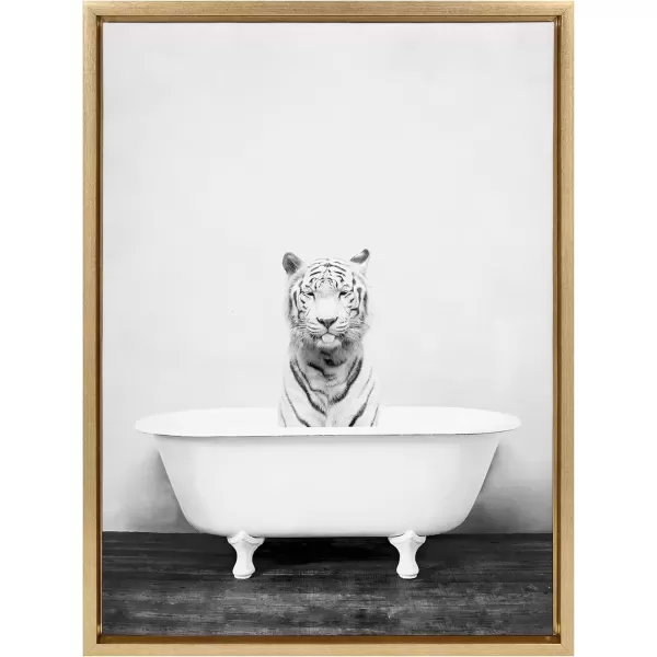 imageKate and Laurel Sylvie White Tiger in Bathtub Framed Canvas Wall Art by Amy Peterson Art Studio 18 x 24 Gold Chic Animal Art for WallGold