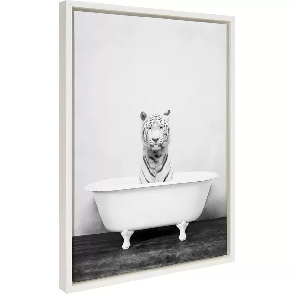 imageKate and Laurel Sylvie White Tiger in Bathtub Framed Canvas Wall Art by Amy Peterson Art Studio 18 x 24 Gold Chic Animal Art for WallWhite