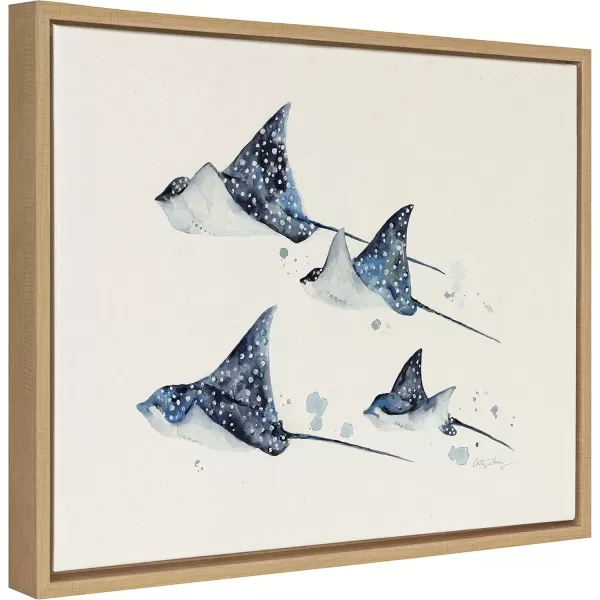 imageKate and Laurel x Cathy Zhang Collaboration Eagle Spotted Ray Family Framed Linen Textured Canvas Wall Art 18x24 Natural Decorative Coastal Themed Art Print for Wall