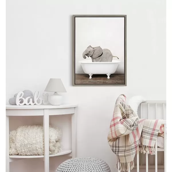 imageKate and Laurel Sylvie Baby Elephant in The Tub Framed Canvas Wall Art by Amy Peterson 18x24 GrayGrey