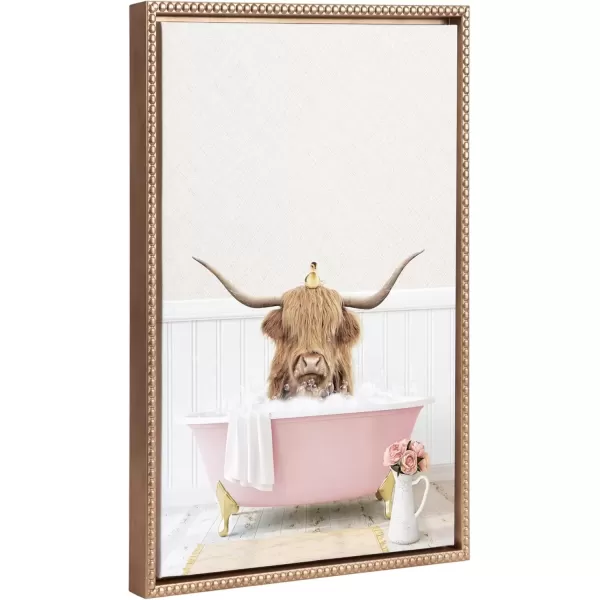 imageKate and Laurel Sylvie Beaded Highland Cow with Duckling Cottage Rose Bath Vintage Framed Canvas Wall Art by Amy Peterson 18x24 Gold Cute Animal Bathtub Wall Art for Home Dcor