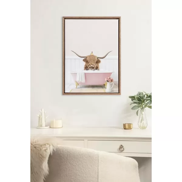 imageKate and Laurel Sylvie Beaded Highland Cow with Duckling Cottage Rose Bath Vintage Framed Canvas Wall Art by Amy Peterson 18x24 Gold Cute Animal Bathtub Wall Art for Home Dcor