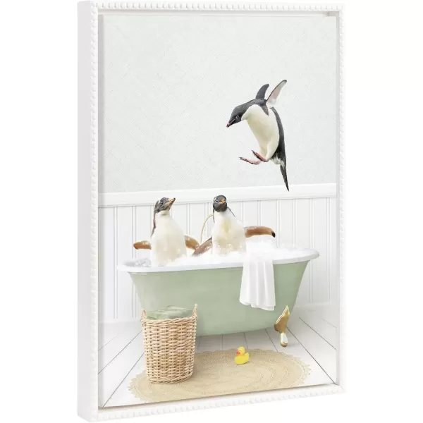 imageKate and Laurel Sylvie Beaded Penguins in Cottage Bath Vintage Framed Canvas Wall Art by Amy Peterson 18x24 White Modern Cute Animal Bathtub Art for Wall