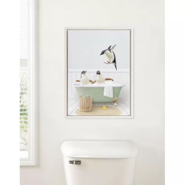 imageKate and Laurel Sylvie Beaded Penguins in Cottage Bath Vintage Framed Canvas Wall Art by Amy Peterson 18x24 White Modern Cute Animal Bathtub Art for Wall