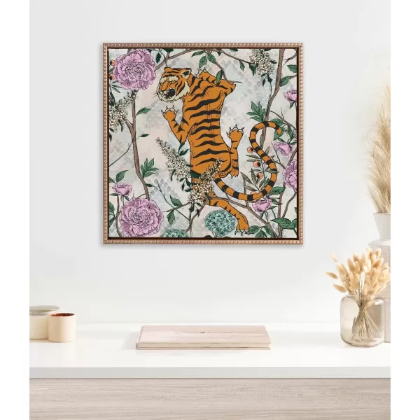 imageKate and Laurel Sylvie Beaded Tiger Floral Vintage Framed Canvas Wall Art by Nikki Chu 22x22 Gold Modern Tiger Flower Illustration Art for Wall