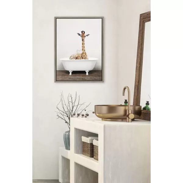 imageKate and Laurel Sylvie Giraffe 2 in the Tub Color Framed Canvas Wall Art by Amy Peterson Art Studio 18x24 Natural Modern Fun Decorative Bathtub Wall Art for Home DcorGray