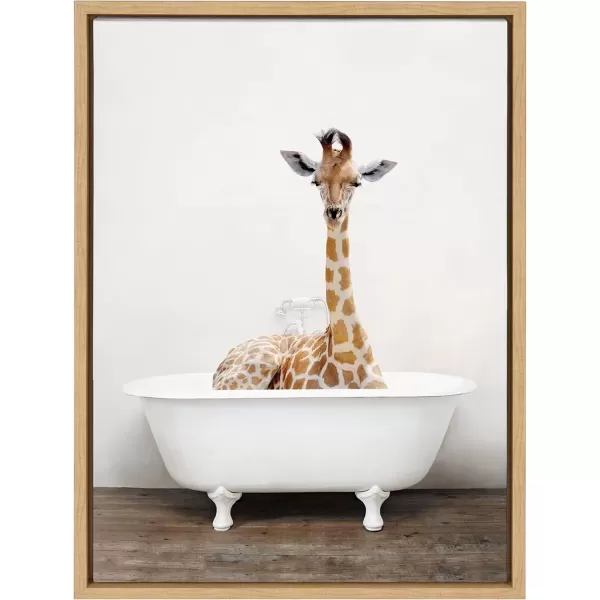 imageKate and Laurel Sylvie Giraffe 2 in the Tub Color Framed Canvas Wall Art by Amy Peterson Art Studio 18x24 Natural Modern Fun Decorative Bathtub Wall Art for Home DcorNatural