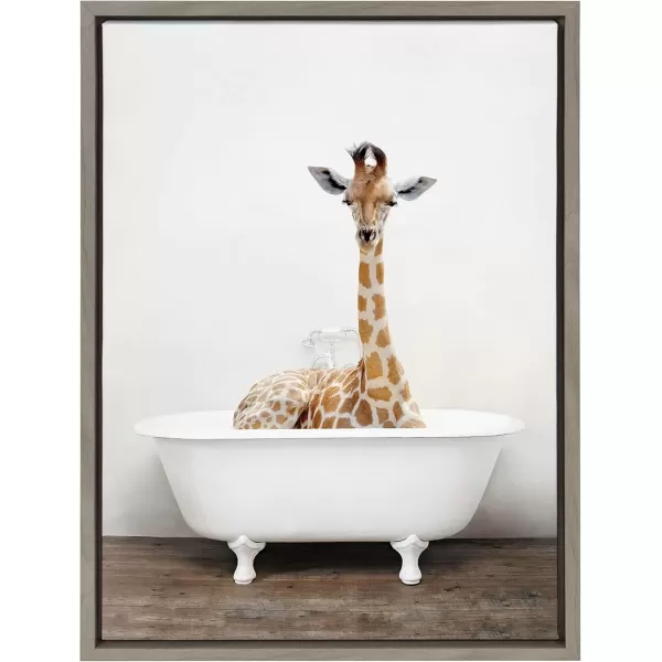 imageKate and Laurel Sylvie Giraffe 2 in the Tub Color Framed Canvas Wall Art by Amy Peterson Art Studio 18x24 Natural Modern Fun Decorative Bathtub Wall Art for Home DcorGray