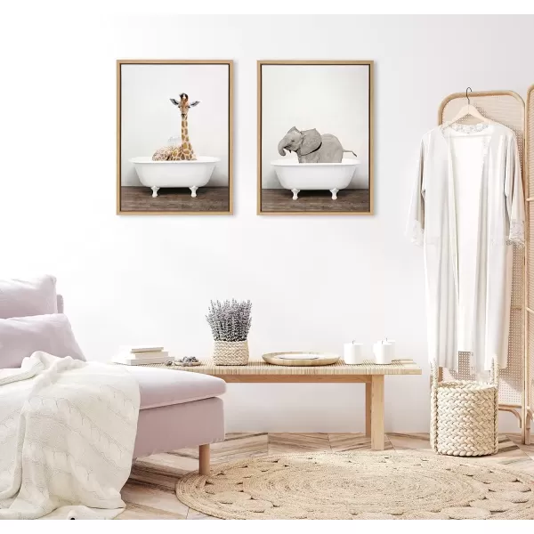 imageKate and Laurel Sylvie Giraffe 2 in the Tub Color Framed Canvas Wall Art by Amy Peterson Art Studio 18x24 Natural Modern Fun Decorative Bathtub Wall Art for Home DcorNatural