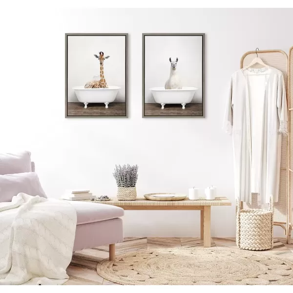 imageKate and Laurel Sylvie Giraffe 2 in the Tub Color Framed Canvas Wall Art by Amy Peterson Art Studio 18x24 Natural Modern Fun Decorative Bathtub Wall Art for Home DcorGray