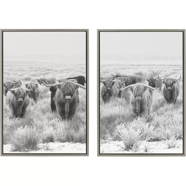 imageKate and Laurel Sylvie Herd of Highland Cows Framed Canvas Wall Art Set by The Creative Bunch Studio Set of 2 23x33 Gray Decorative Farmhouse Animal Art for WallGray