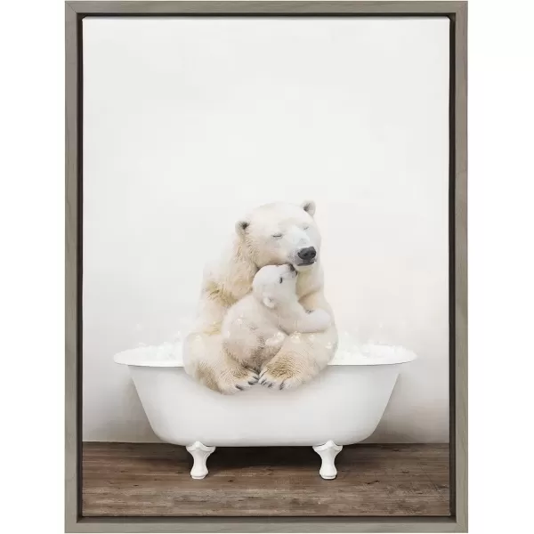 imageKate and Laurel Sylvie Mother and Baby Polar Bear in Rustic Bath Framed Canvas Wall Art by Amy Peterson Art Studio 18x24 Natural Modern Fun Decorative Bathtub Wall Art for Home DcorGray