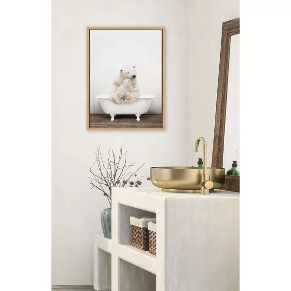 imageKate and Laurel Sylvie Mother and Baby Polar Bear in Rustic Bath Framed Canvas Wall Art by Amy Peterson Art Studio 18x24 Natural Modern Fun Decorative Bathtub Wall Art for Home DcorNatural
