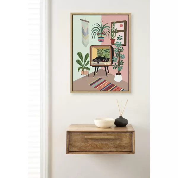 imageKate and Laurel Sylvie TV Cat Bed Framed Canvas Wall Art by Rachel Lee of My Dream Wall 18x24 Natural Decorative Calming Midcentury Art Print for WallNatural