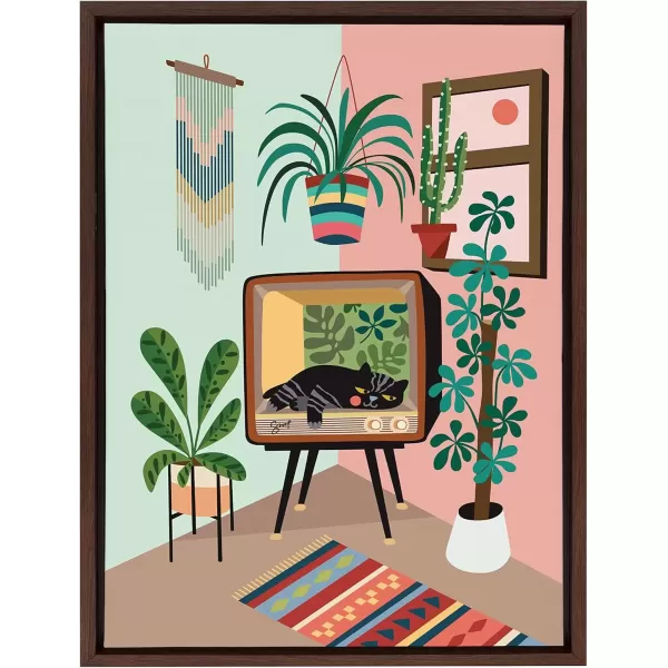 imageKate and Laurel Sylvie TV Cat Bed Framed Canvas Wall Art by Rachel Lee of My Dream Wall 18x24 Natural Decorative Calming Midcentury Art Print for WallBrown