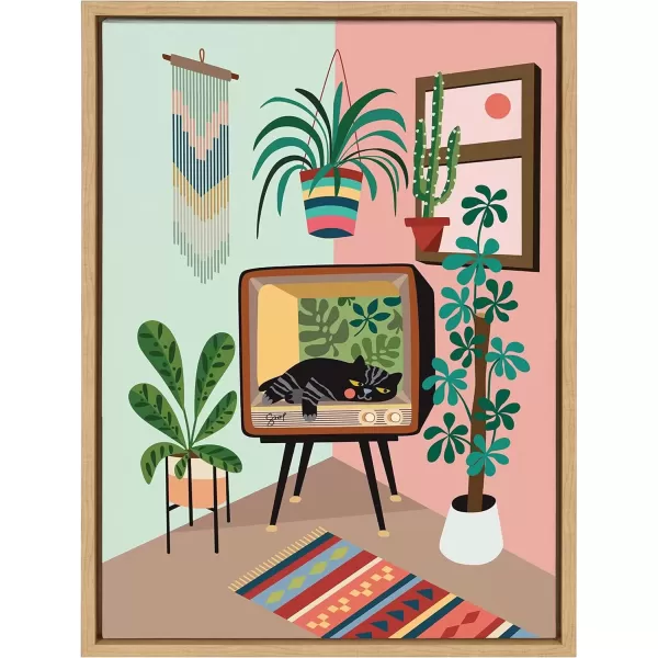 imageKate and Laurel Sylvie TV Cat Bed Framed Canvas Wall Art by Rachel Lee of My Dream Wall 18x24 Natural Decorative Calming Midcentury Art Print for WallNatural