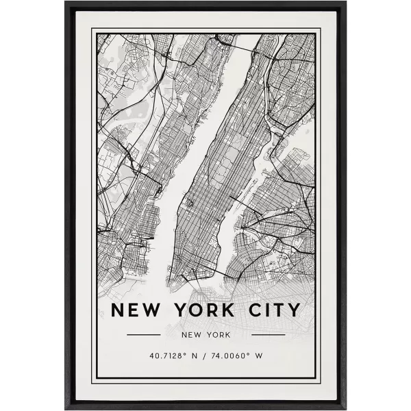 imageKate and Laurel Sylvie New York City Modern Map Framed Linen Textured Canvas Wall Art by Jake Goossen 23x33 Black Geographical Map for WallBlack